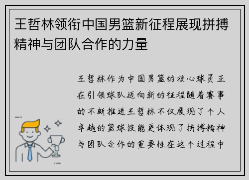王哲林领衔中国男篮新征程展现拼搏精神与团队合作的力量